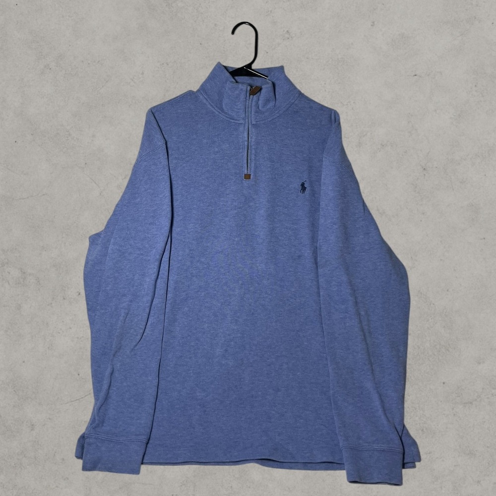 Polo Ralph Lauren Mens Blue Quarter Zip Pullover Sweater Heathered Pony Logo L